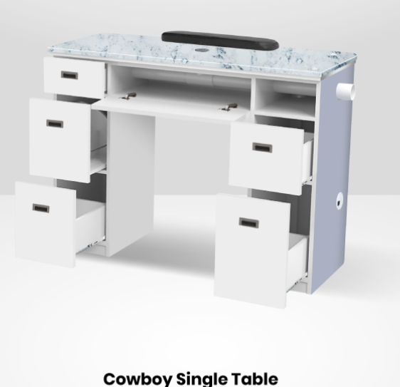 Cowboy Manicure Nail Table Marble Countertop White and Grey With Vent Pipe