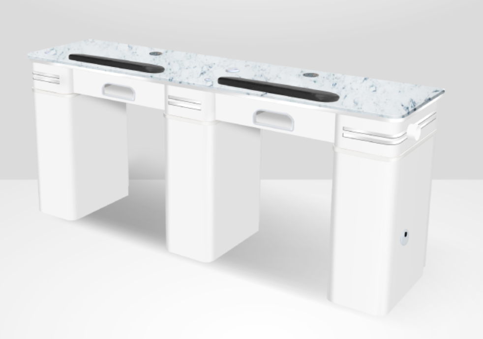 Broncos Double Manicure Nail Table With PIPE Marble Countertop White and Grey