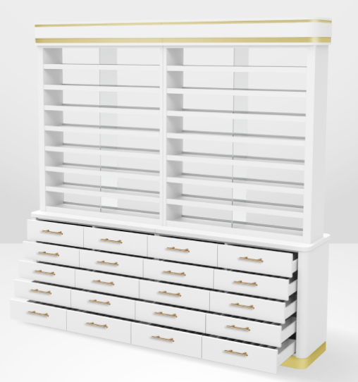 Luxury Mari Gold White Polish Rack With Cabinet 2 Sides