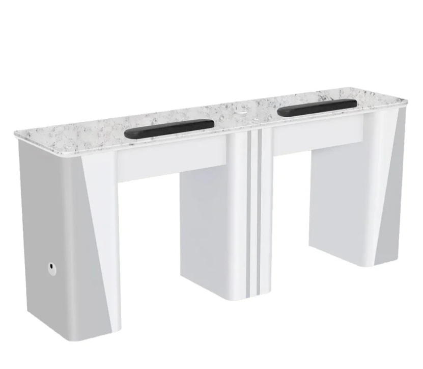 Double Manicure Nail Table Marble Countertop White and Grey