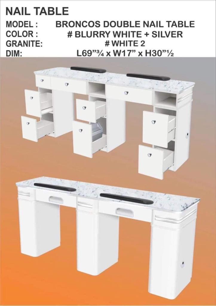 Double Manicure Nail Table Marble Countertop White and Grey