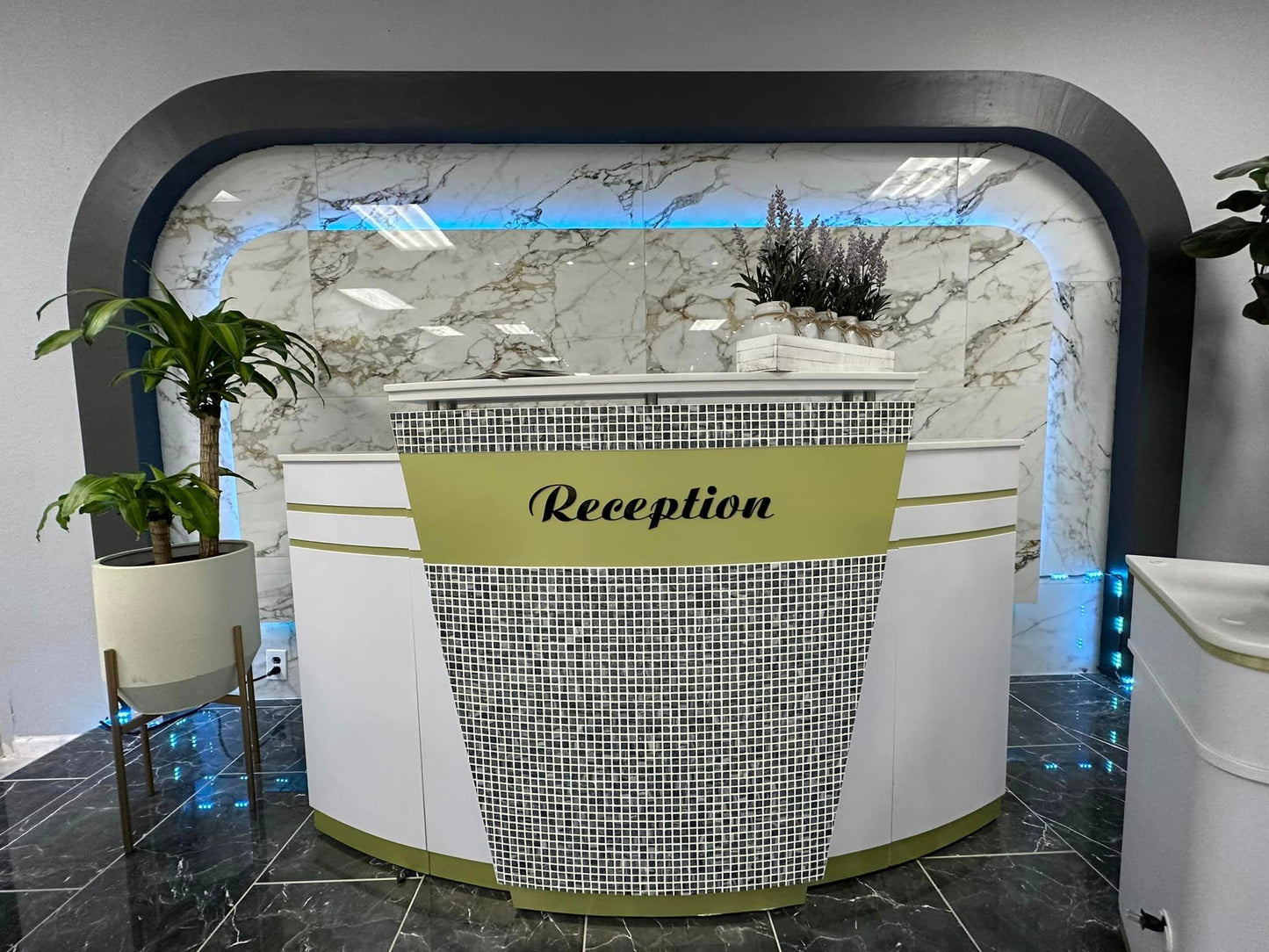 White and Gold Nail Station Salon Reception Desk Curve