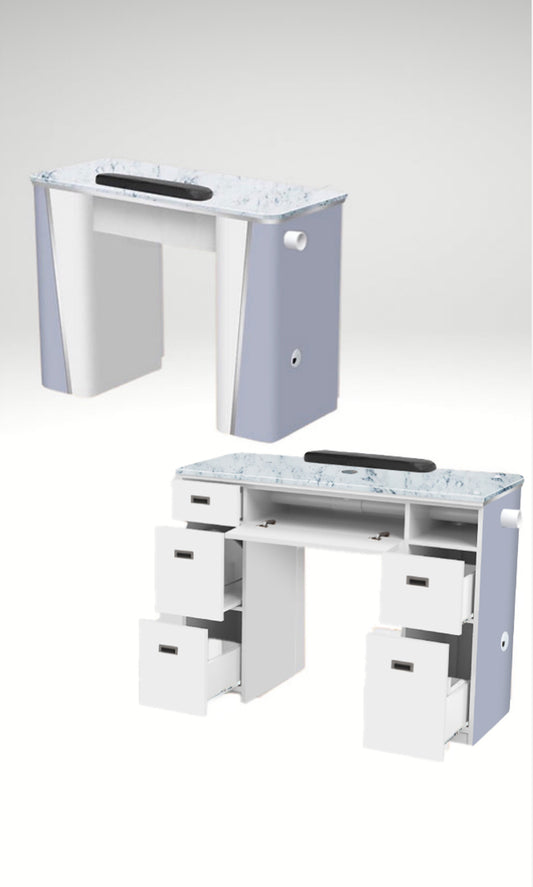 Cowboy Manicure Nail Table Marble Countertop White and Grey With Vent Pipe