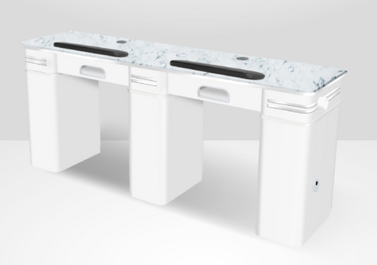 Broncos Double Manicure Nail Table With PIPE Marble Countertop White and Grey